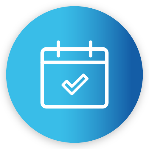 Calendar icon with checkmark inside a blue circle.