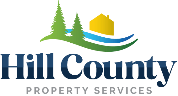 Hill County Property Services logo with trees and house.