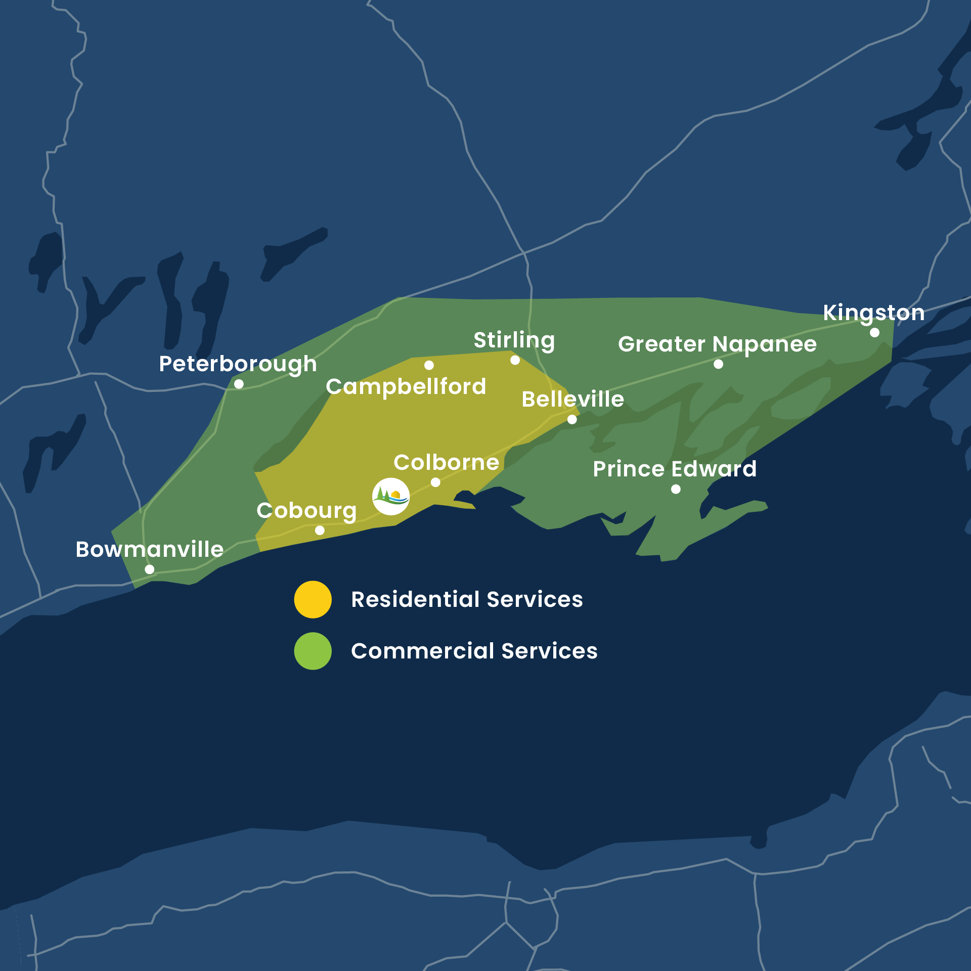 Map showing service areas in Ontario, Canada.