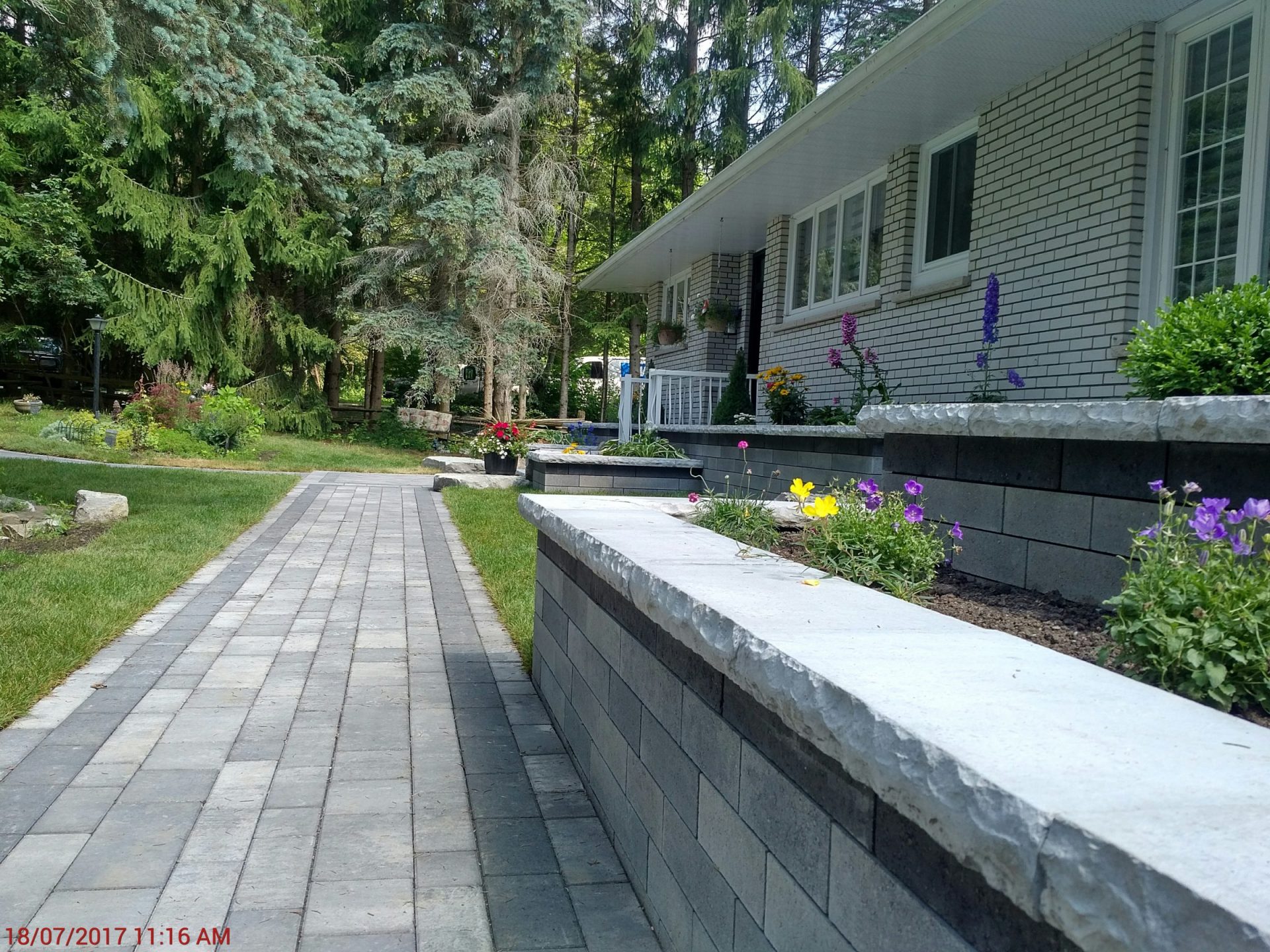 Pathway beside house with garden flowers.