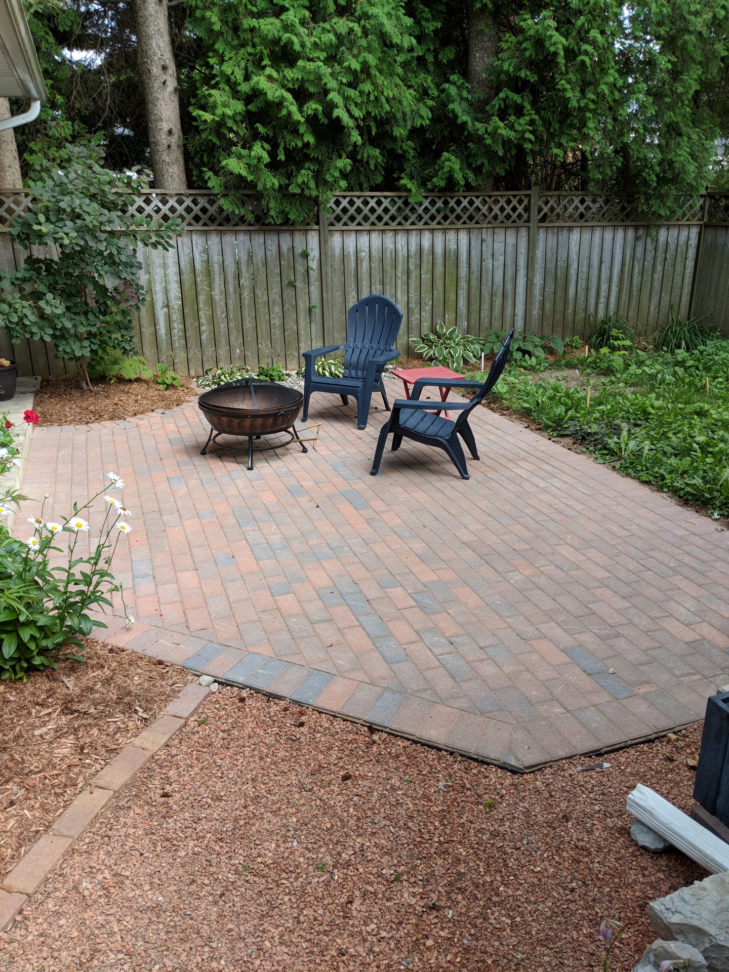 Backyard patio with chairs and fire pit