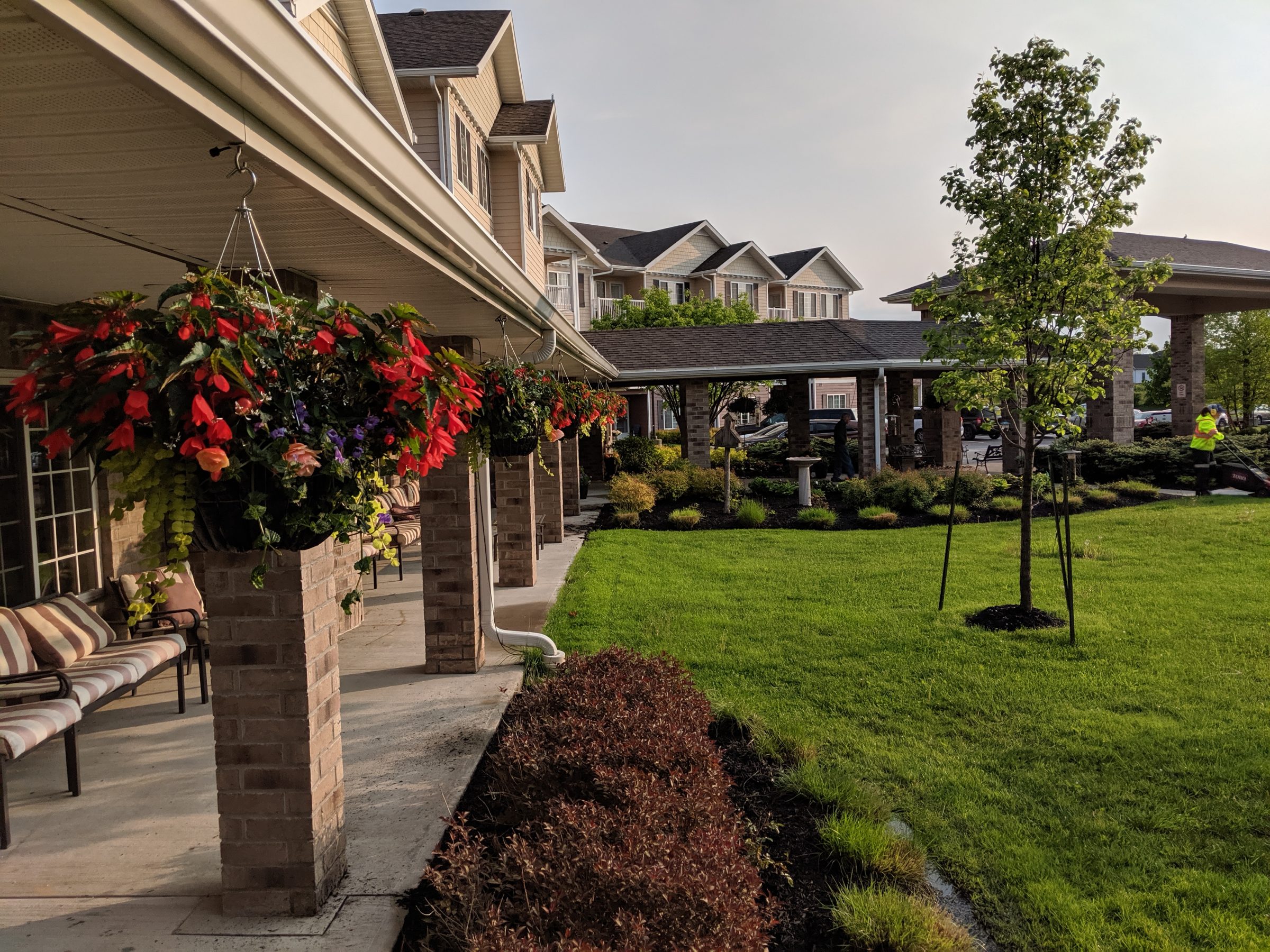 Garden view of senior living facility entrance