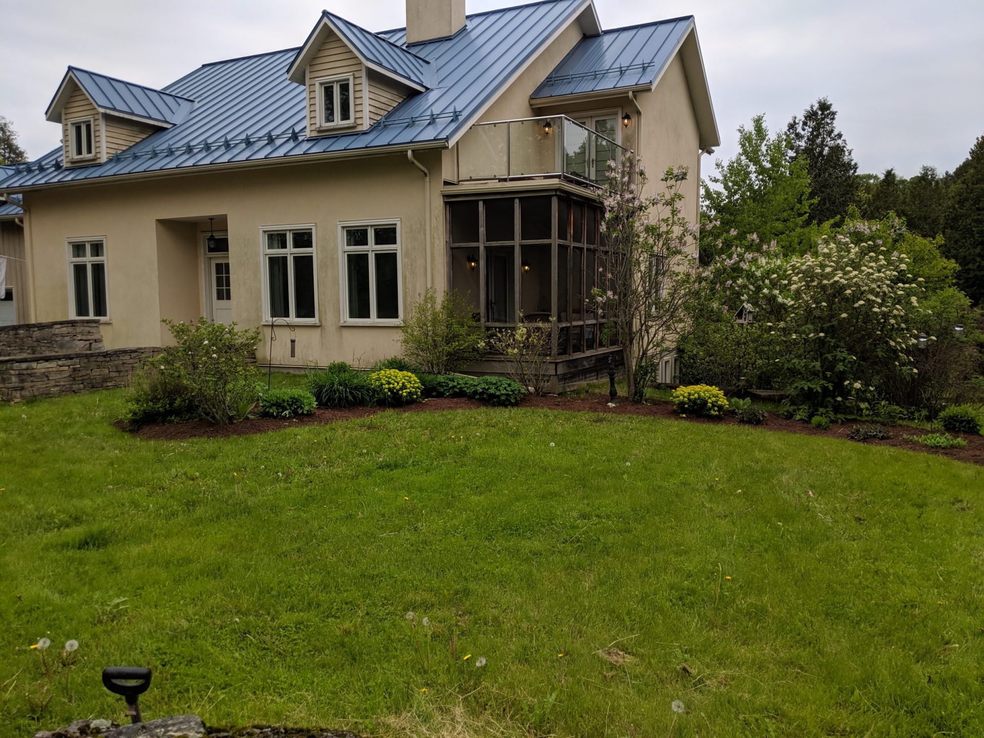 Charming house with blue roof and landscaped garden.