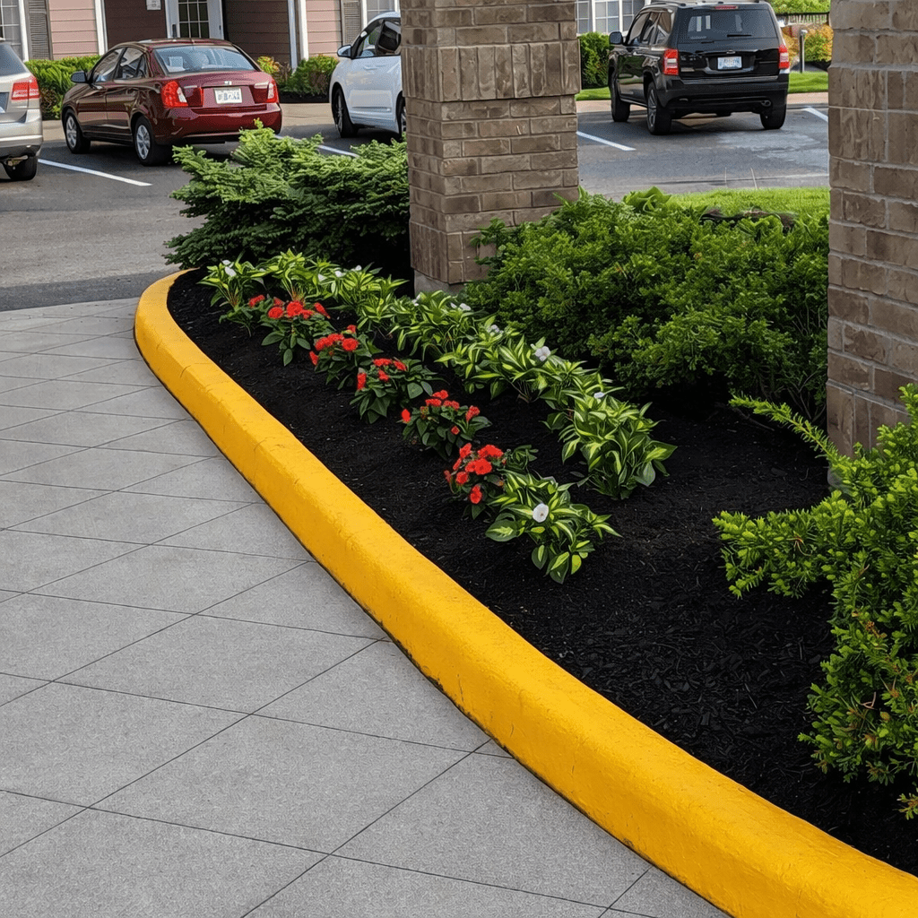Colorful flower bed by yellow curb in parking lot.