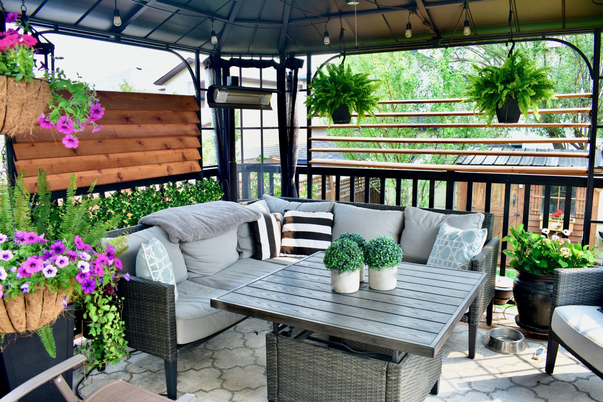 Cozy patio with plants and outdoor seating.