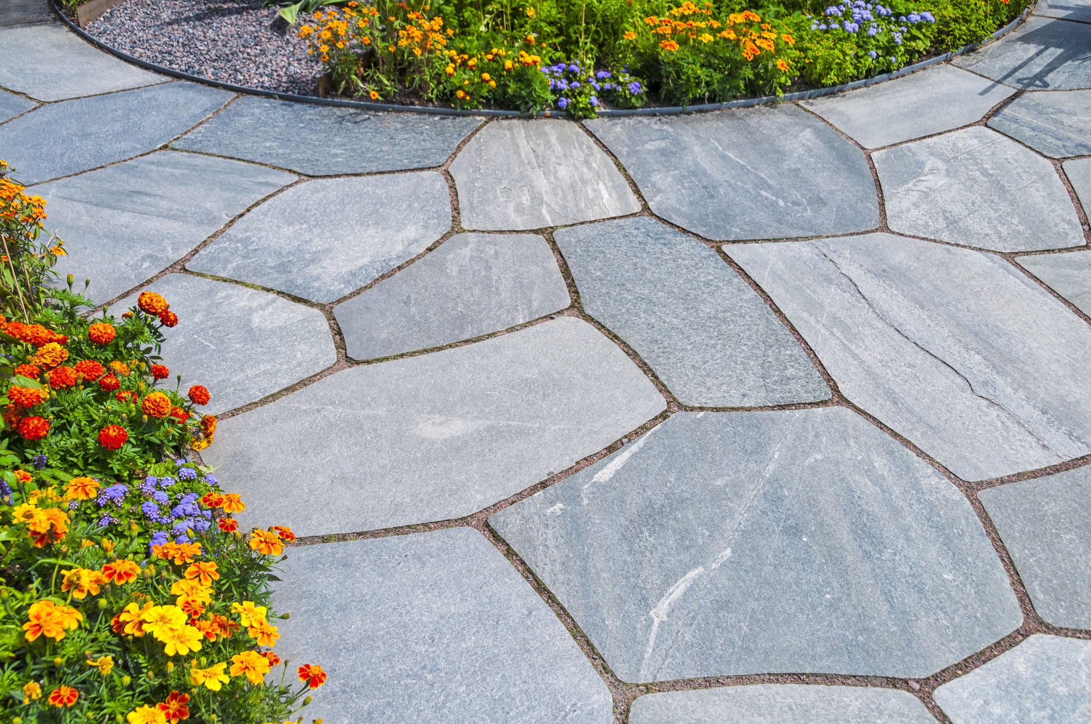 Stone path surrounded by colorful garden flowers.