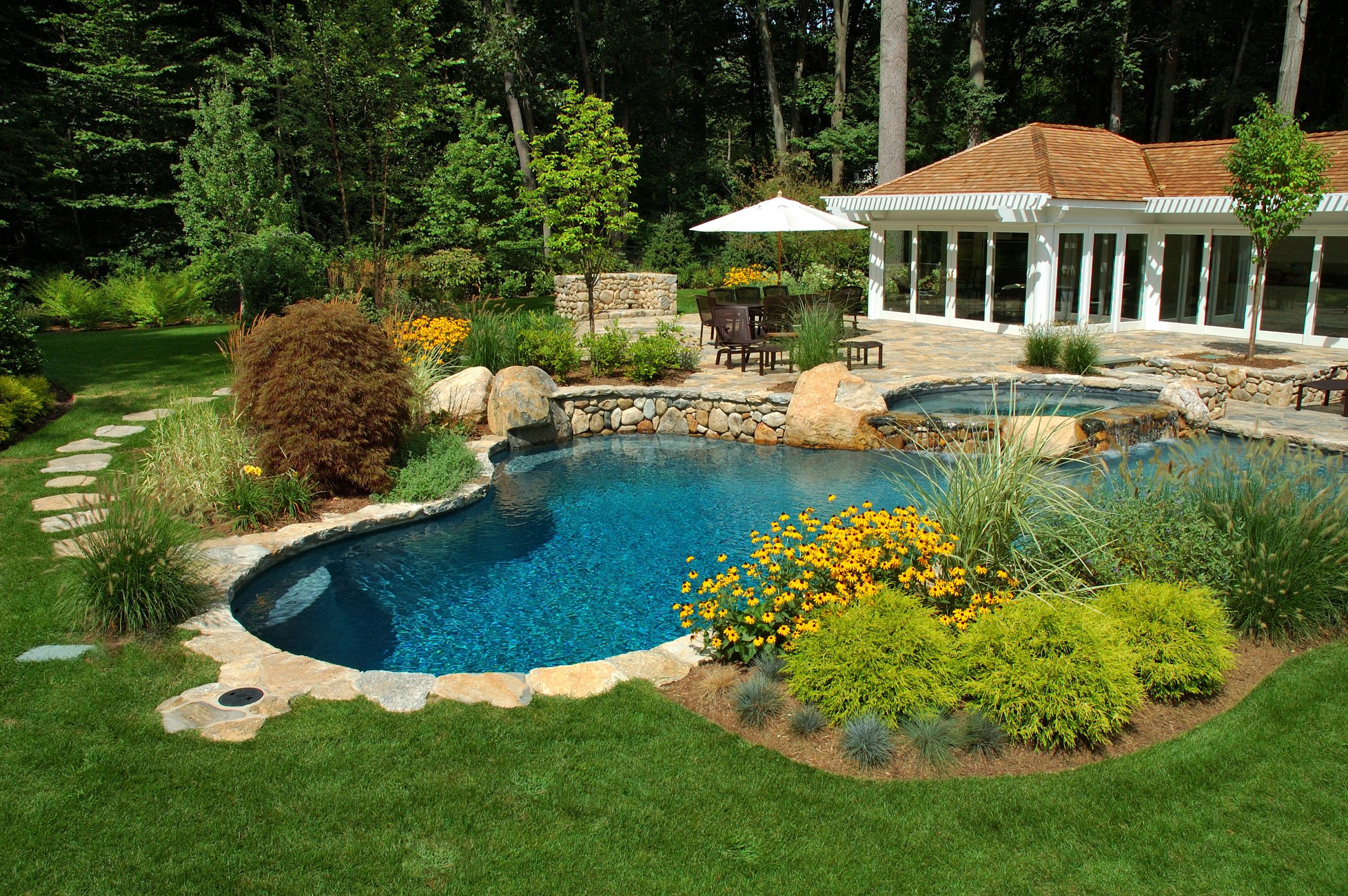 Backyard pool with patio and lush garden